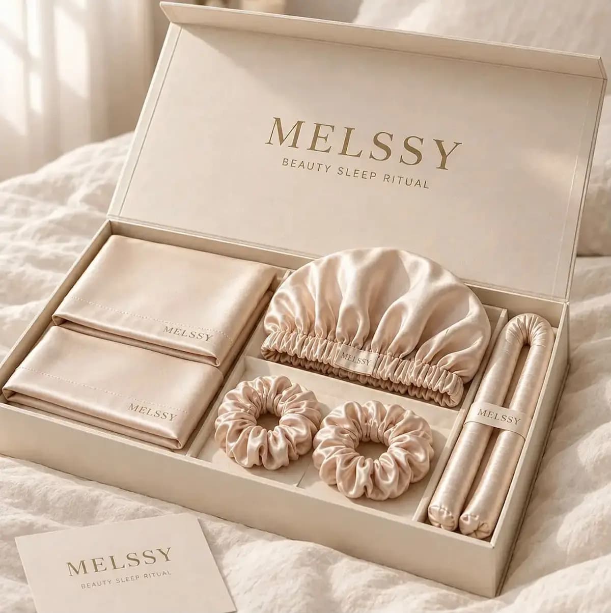 Coffret MELSSY ouvert avec deux taies d'oreiller en satin, un bonnet, deux chouchous et un boucleur sans chaleur